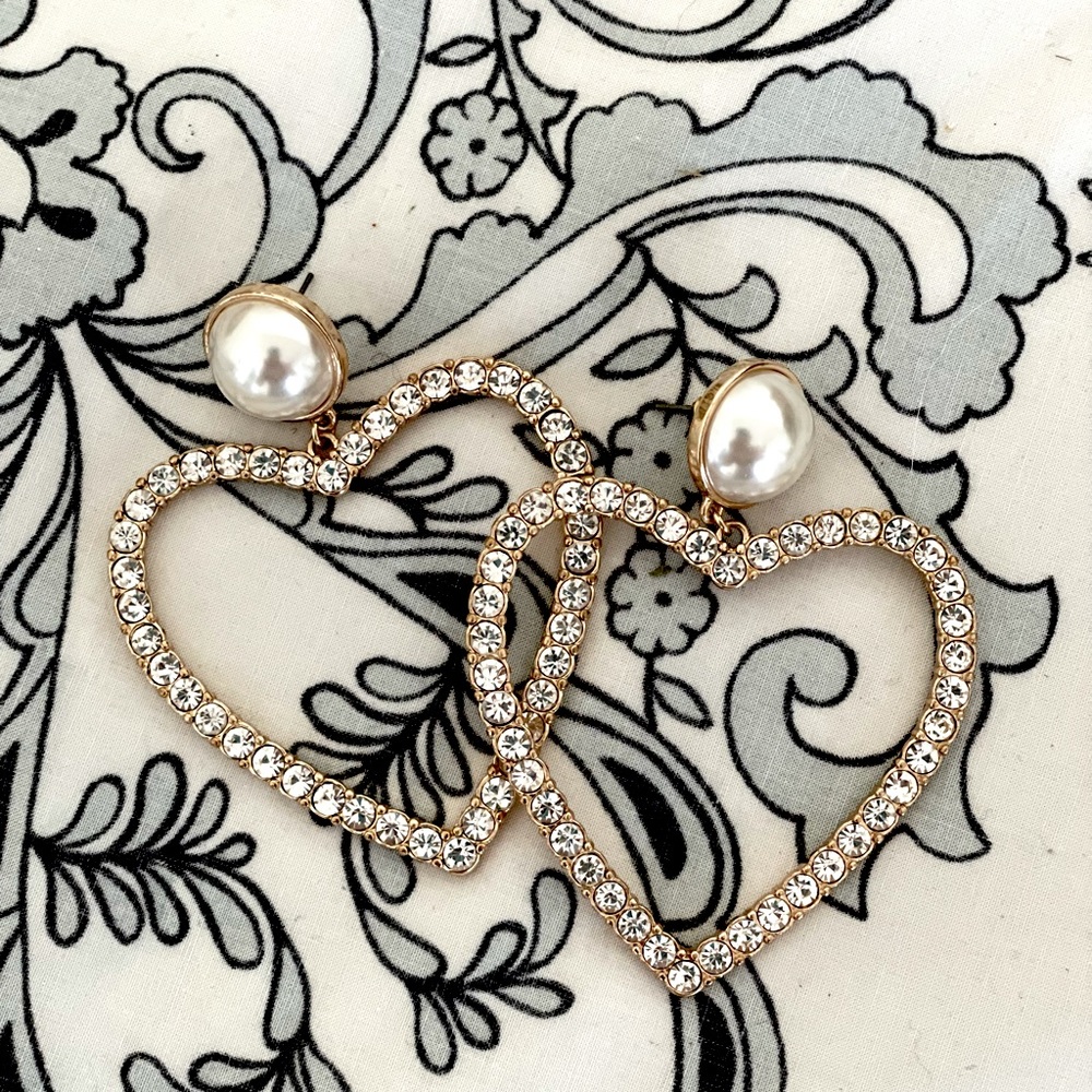 3/10$ Heart shaped gold and rhinestone hoop earrings